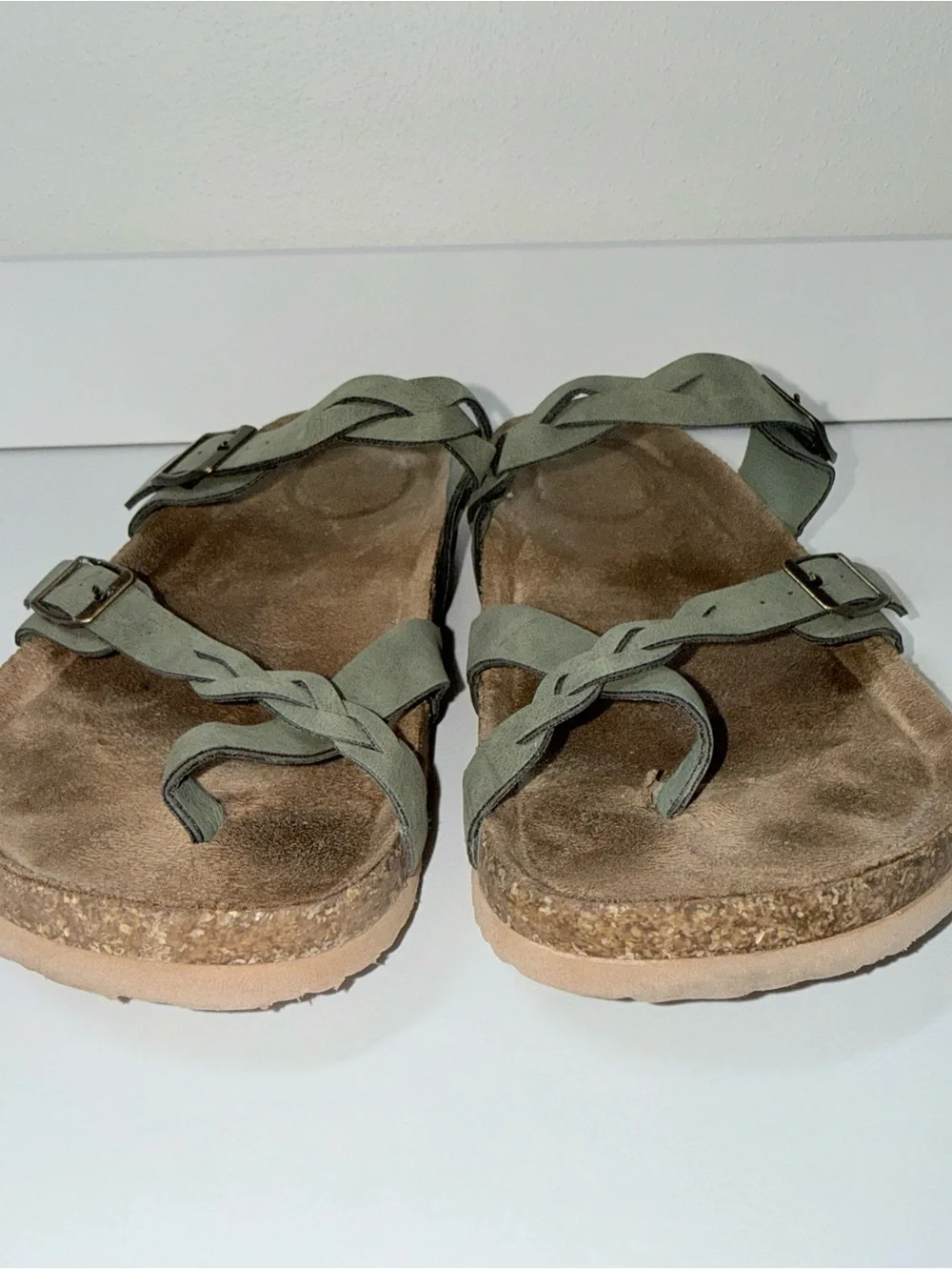 Maurices SuperCush Chloe Braided Cork Footbed Sandals Olive Green Buckle Size 8